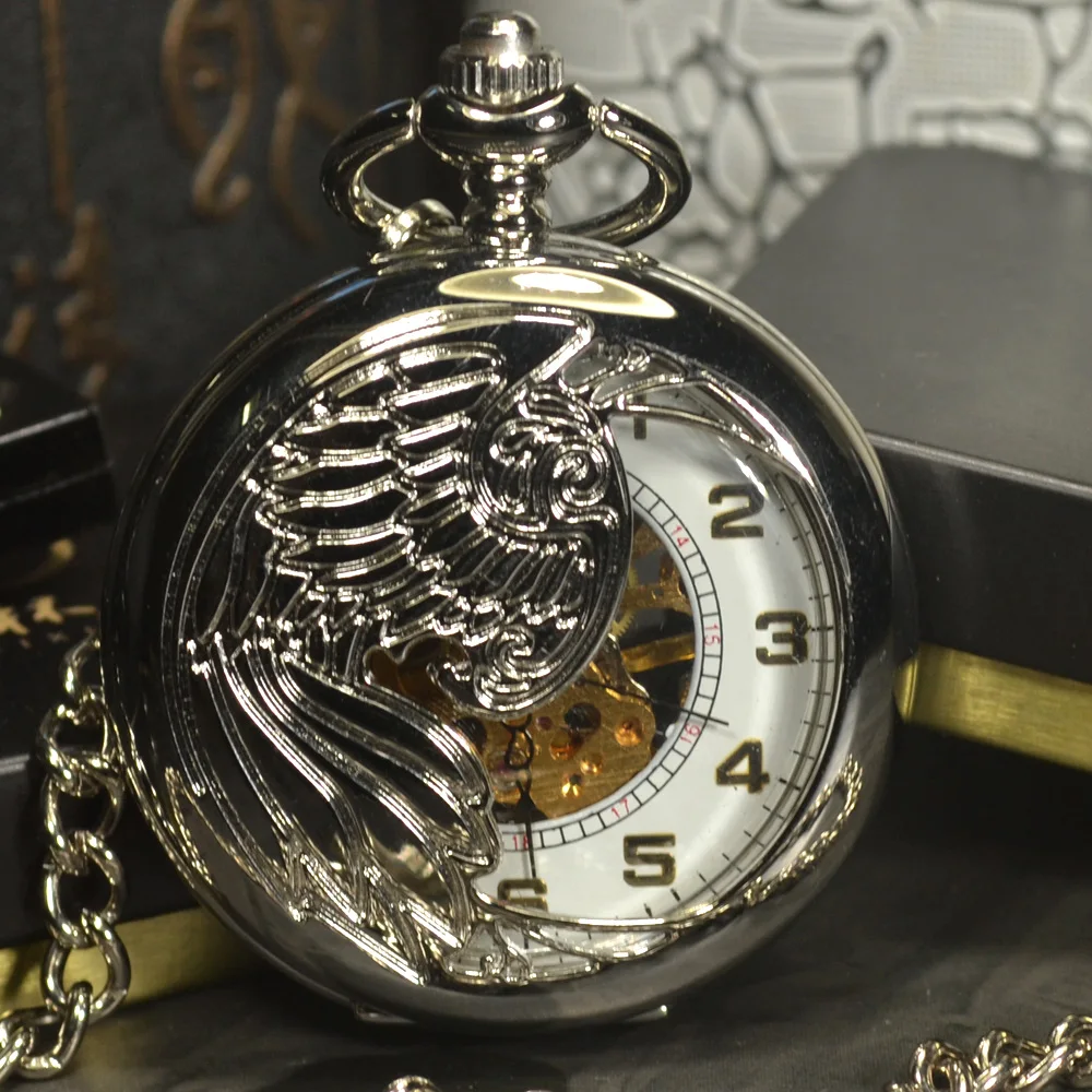 TIEDAN Silver Steampunk Skeleton Mechanical Pocket Watches Men Antique