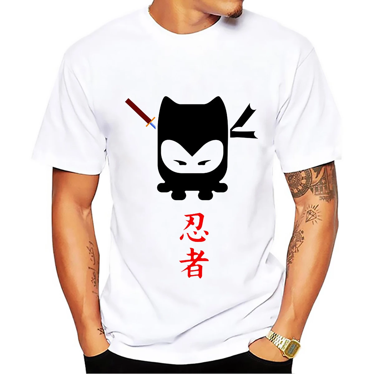 Мужская забавная футболка Janpan Samurai cat белая Повседневная дышащая с круглым