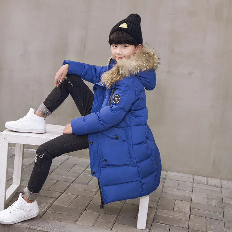 fur collar Children's White duck down jackets boys girls long hooded Down Parkas casual big kids thicken down warm outwear 5-16Y - Цвет: Royal blue