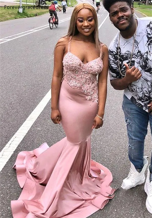 2019 New Sexy Black Girls Pink Prom Dresses Mermaid Spaghetti Straps Backless Long For Party Evening Gowns With Beads Appliques BC0979  139 (8)