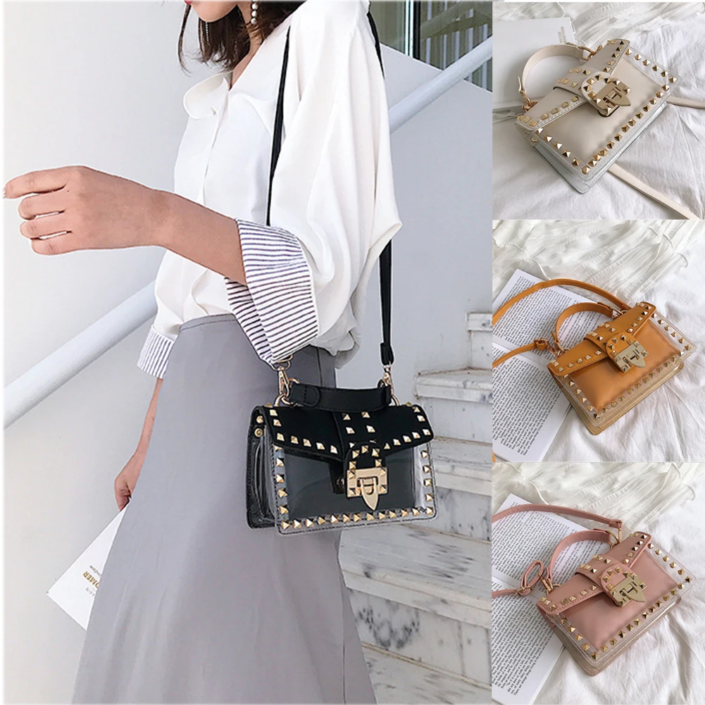 

Small Clear Woman Chain Rivets Square PU Handbag Fashion Luxury Female Pink Messenger Shoulder Bags Purses Phone Bag Tote Clutch