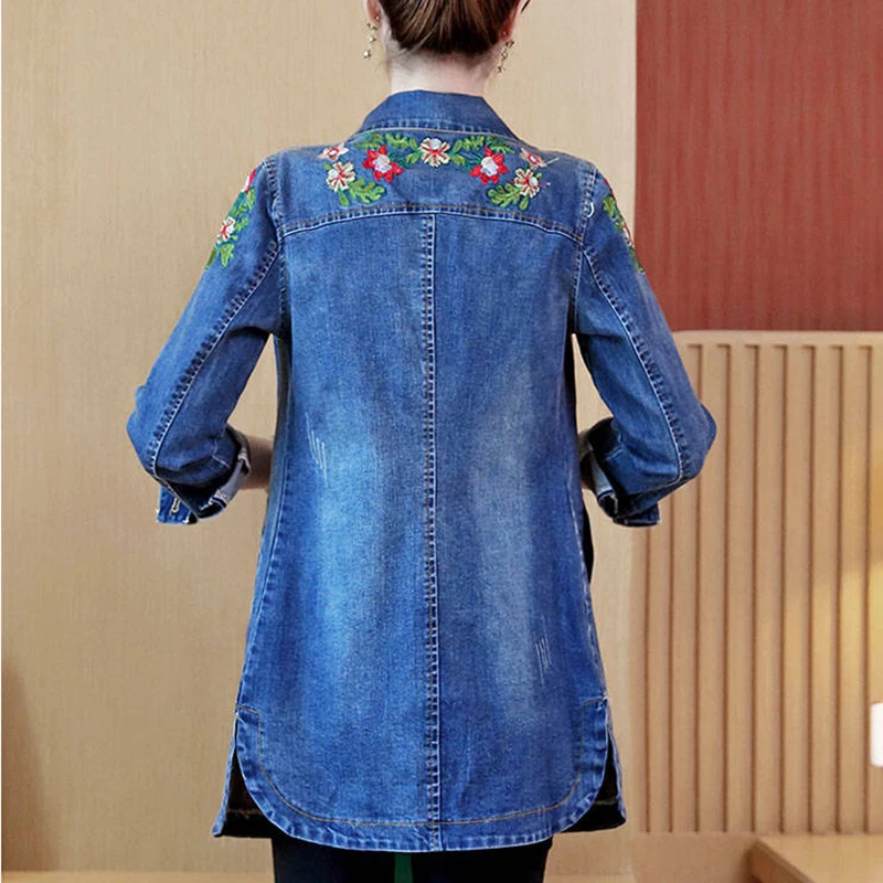 التطريز الدنيم سترة فام عارضة الأساسية طويلة الجينز معاطف 2019 الخريف المرأة أنيقة خمر السترات أبلى Casacos Feminino التطريز الدنيم سترة فام عارضة الأساسية طويلة الجينز معاطف 2019 الخريف المرأة أنيقة خمر السترات أبلى Casacos Feminino