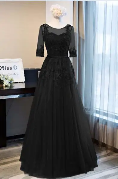 ANGELSBRIDEP с коротким рукавом платье подружки невесты длинные Robe Demoiselle D'honneur модные, прозрачные шея аппликация женское платье знаменитости вечерние - Цвет: Черный