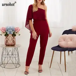 Ursohot на одно плечо облегающее боди для Для женщин 2019 Лето Boho карман сексуальный комбинезон Винтаж вечерние цвет красного вина комбинезоны