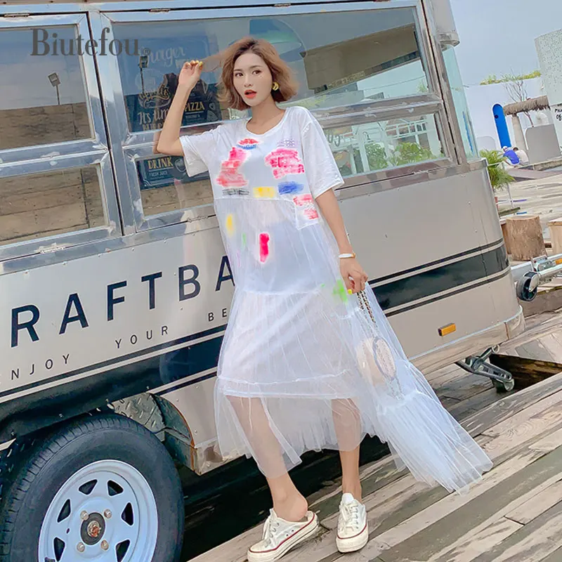 

2019 Summer mesh long dresses fashion women graffiti thin dresses