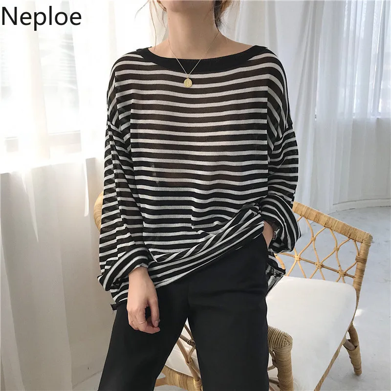 

Neploe Korean Spring Oversize Striped Sweaters Loose Thin Tops Women Knit Jumper Pullovers Long Sleeve Plus Size Pull Femme