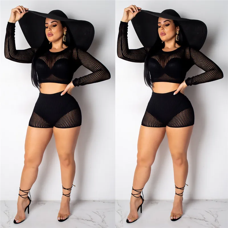 Women Hollow Mesh Two-pieces Bikini Cover-up T-Shirt Long Sleeve Transparent Crop Top and Slim Bottom Swimwear Batihing Suit | Спорт и