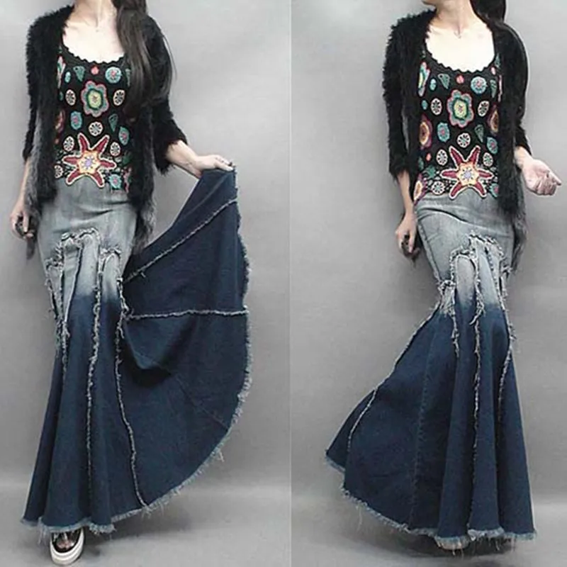 Новая мода длинная джинсовая юбка высокая талия кисточка с градиентом джинсы юбки размера плюс Русалка Макси юбки