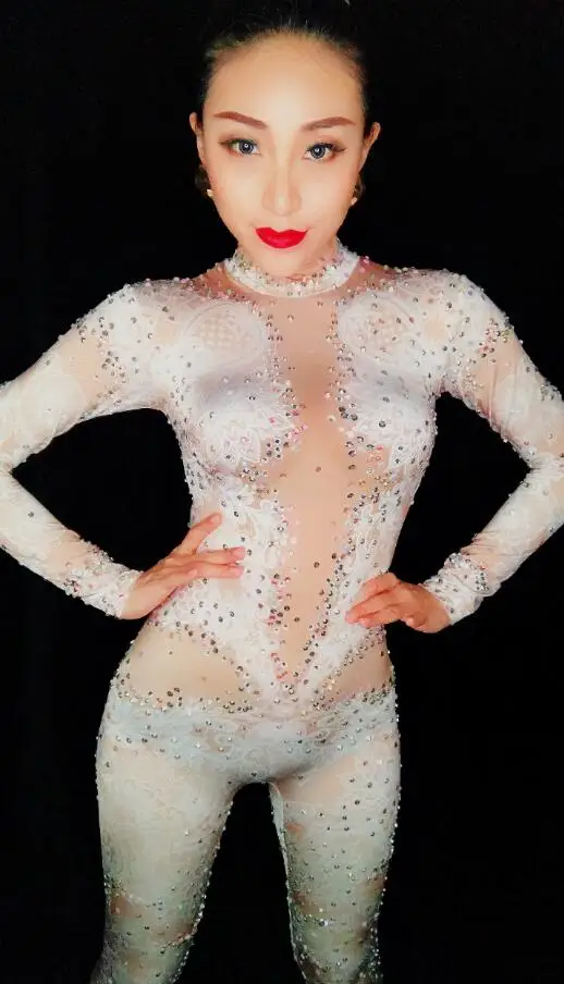 Белое кружево плотная боди спандекс комбинезон стразы леггинсы Для женщин сценический костюм ночной клуб Одежда для танцев