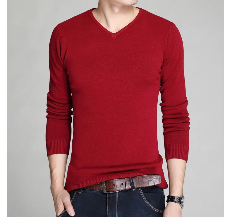 Litthing, хлопковый мужской свитер с длинным рукавом, пуловеры, тонкий мужской свитер с v-образным вырезом, свободный однотонный вязаный свитер, мужская одежда - Цвет: red