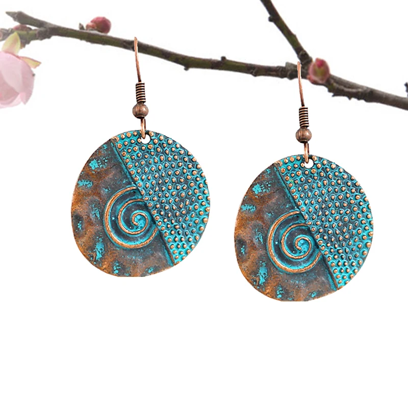 

Bohemian Bronze Round Drop Earrings Simple Sun Decorative Pattern Earrings Retro Ethnic Earrings Beach Holiday Jewelry