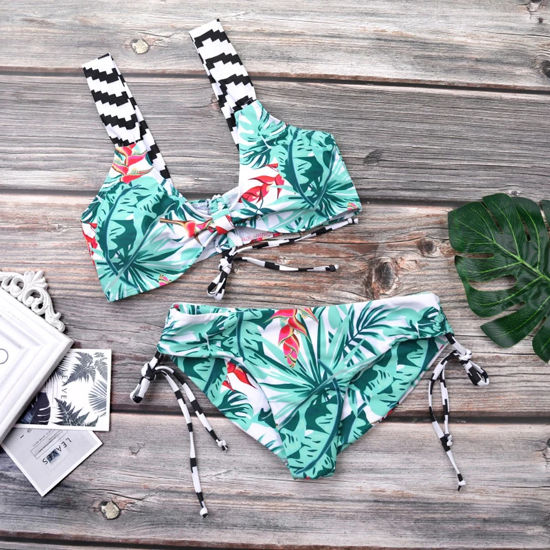 

2019 Summer String Sexy Bikini Set Swimwear Women Swimsuit Female Strap Bathing Suit Push Up Bikinis Leaf Print Beach Biquini