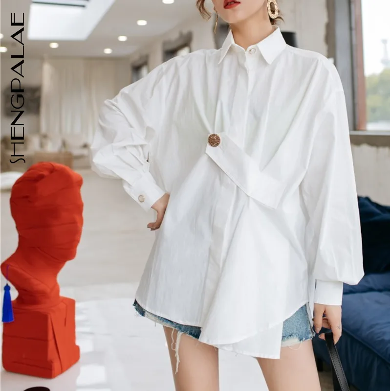 

SHENGPALAE Summer Spring 2019 Japan Korean Fashion Chic Style Full Rivet Solid Lantern Sleeve Fashion High Street Shirt FQ387