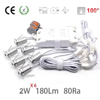 

6PCS/Set + Driver + Cables 2W 180Lm 80Ra Home New Fashion Decoration Downlight 15mm Mini Led Spotlight CE RoHS Free Shipping