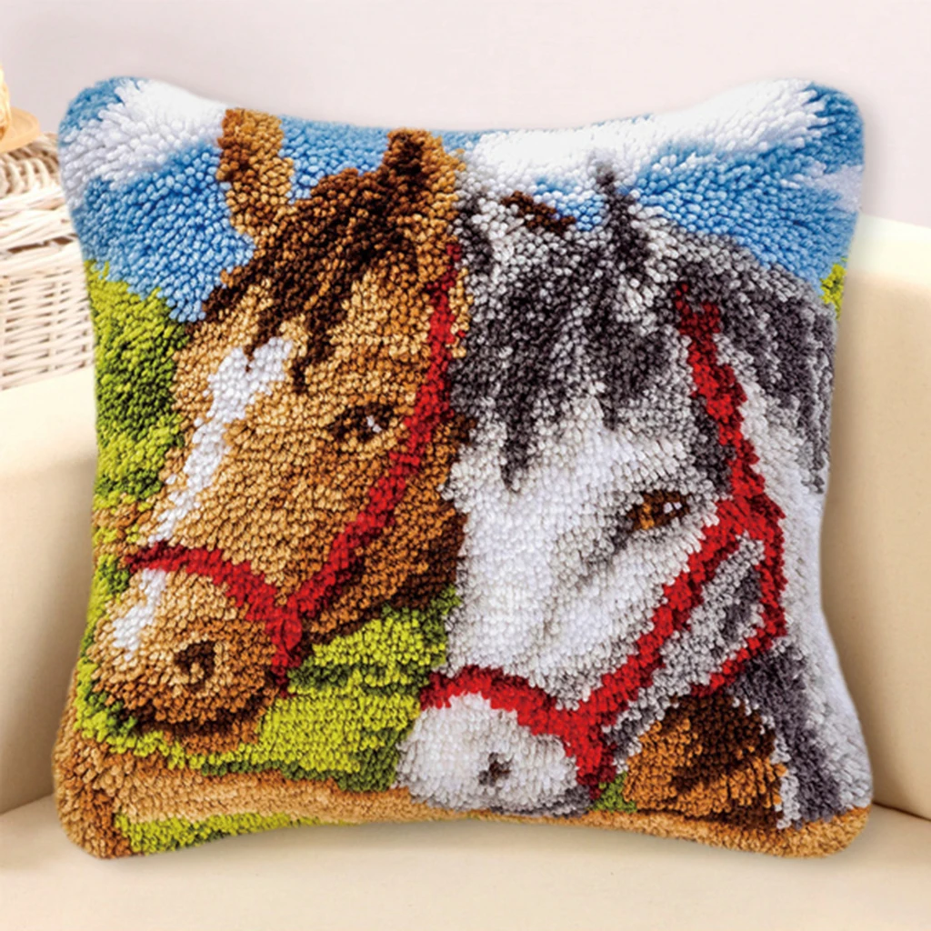  4 Sets Latch Hook Rug Making kits for Adults Embroidery Rabbit Cat Horse Pillowcase Cushion Cover 43 x 43cm