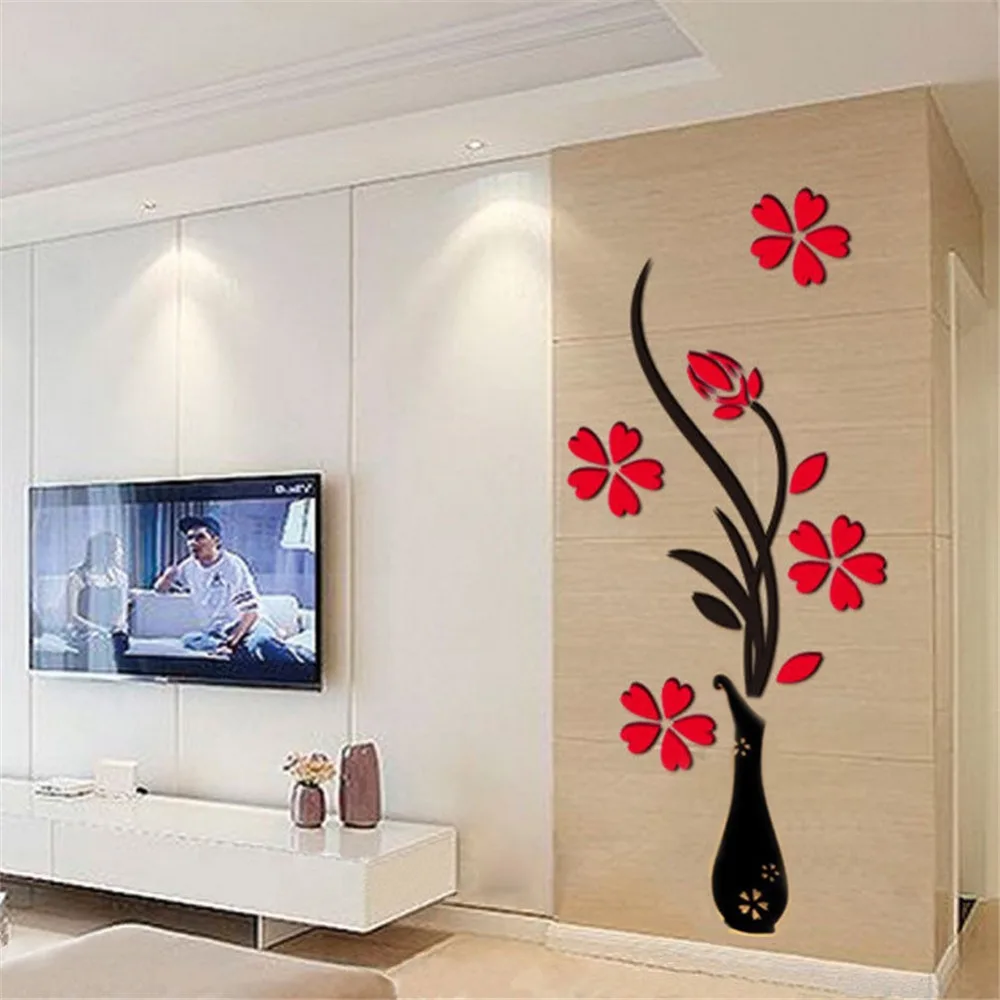 

Arcylic Vase Plum Flower Wall Stickers Living Room TV Background 3D Wall Decals Decorating Poster Art Home Decor Drop Shipping