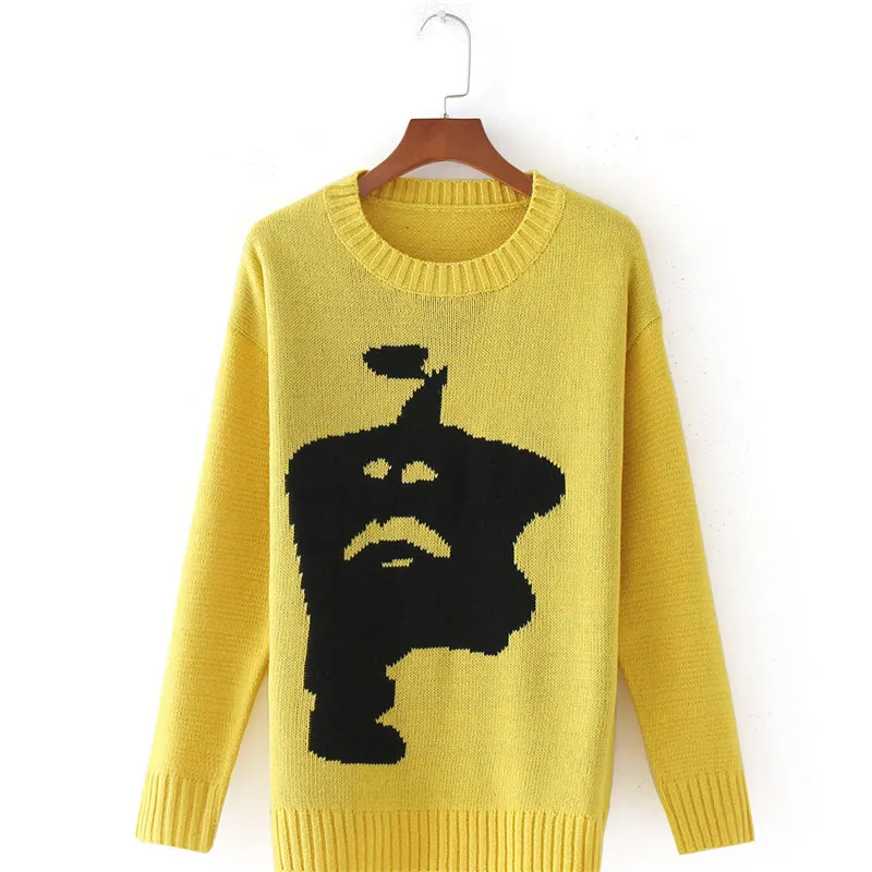 Women Knitting Pullovers Print Straight Long Sleeve Yellow Sweaters 2018 Winter Hot Sale Fashion Wild Simple Sweater Sweaters