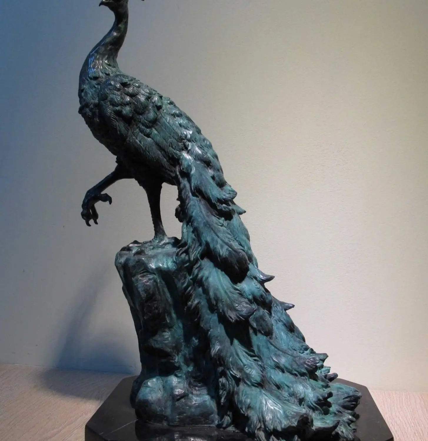 

Art Decor Copper Bronze Figurine Peacock Peahen Marble base Statue Sculpture