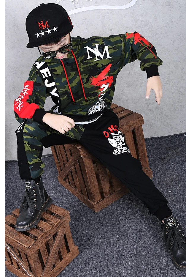 Весенний комплект одежды для мальчиков и девочек, танцевальные костюмы в стиле хип-хоп, Детские камуфляжные толстовки с капюшоном в армейском стиле, комплекты со штанами для детей 8, 10, 12, 14 лет