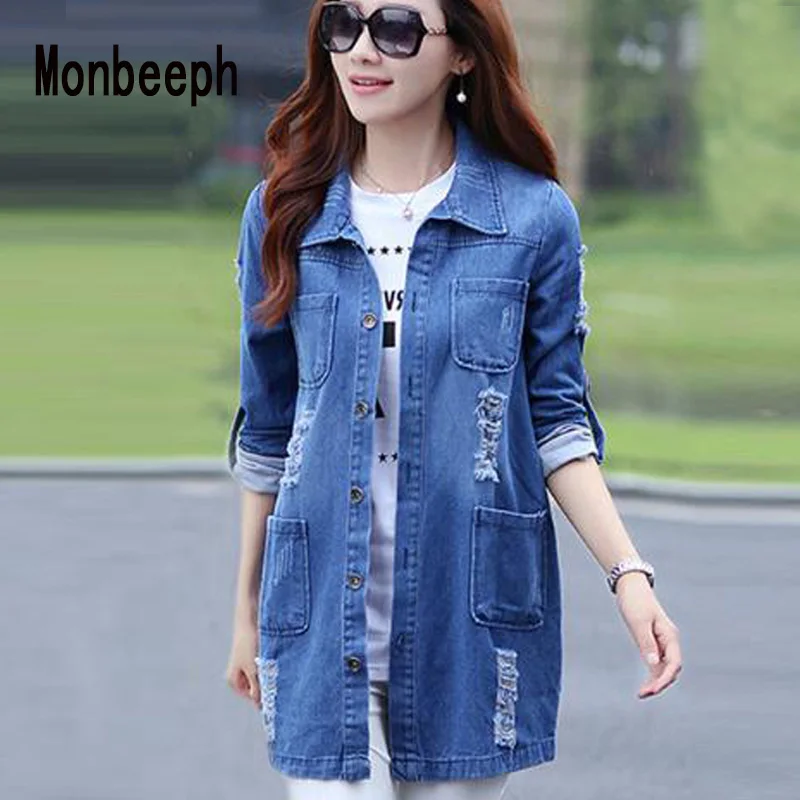 Monbeeph, новая мода, весна-осень, женское джинсовое пальто с длинным рукавом, Женская Повседневная рваная длинная джинсовая куртка, верхняя одежда, 4XL