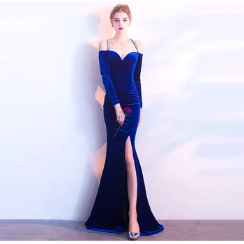 

Sexy Slash Neck Rhinestone Evening Party Dress Elegant Spaghetti Strap Side Slit Blue Women Dress Cross Backless Summer Dress