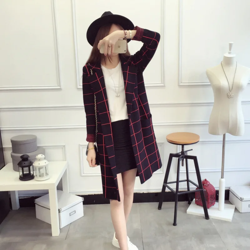 2018 New Autumn Winter High Quality Long Cardigan Women Sweater Long Sleeve Knitted Plaid Cardigans Female Tricot Tops