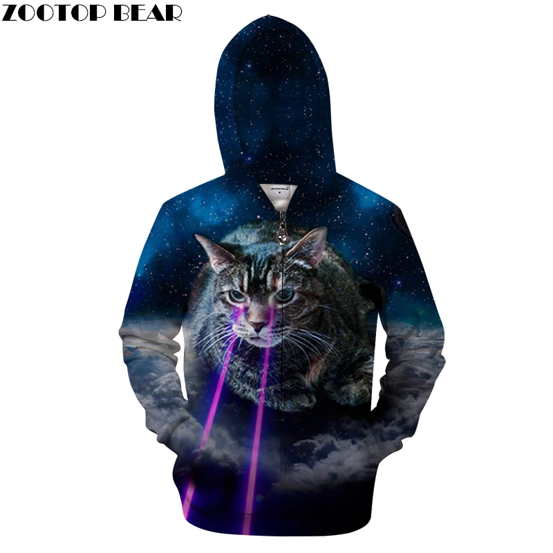 Flash Eye Cat Zip Hoodies Animal Hoody Men Sweatshirt Galaxy Zipper