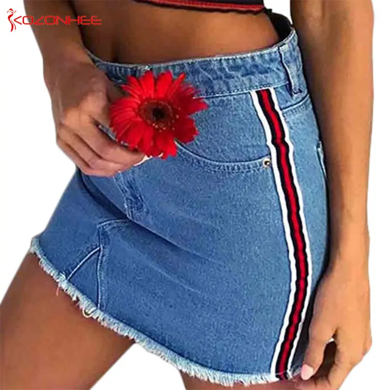 Fashion 3 color Side Decoration Denim Skirts With High Waist A Line