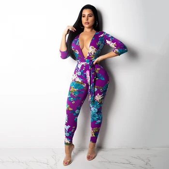 

Women Sexy Deep V-Neck Three Quarter Sleeve Bodysuit Casual Floral Print Bodycon Jumpsuit With Sashes Elegant Skinny Rompers