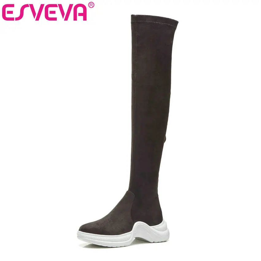 ESVEVA Over The Knee Boots Winter Women Boots Wedge Low Heel Zipper Elastic Flock Motorcycle Boots Platform Size 34-40