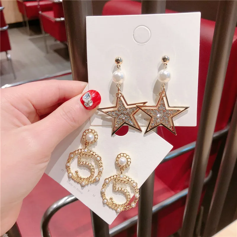 

Korea Handmade Number 5 Star Round Pearl Rhinestone Women Drop Earrings Dangle Earrings Fashion Jewelry Accessories-QQD5