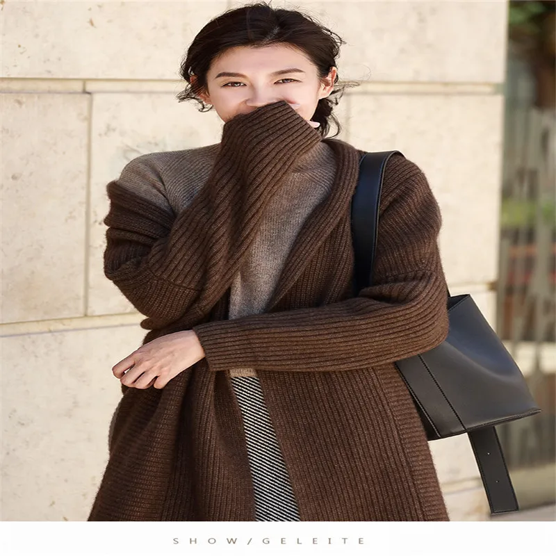 High-end heavyweight autumn and winter new thick cashmere knit cardigan coat simple lazy fashion loose wool knit jacket female
