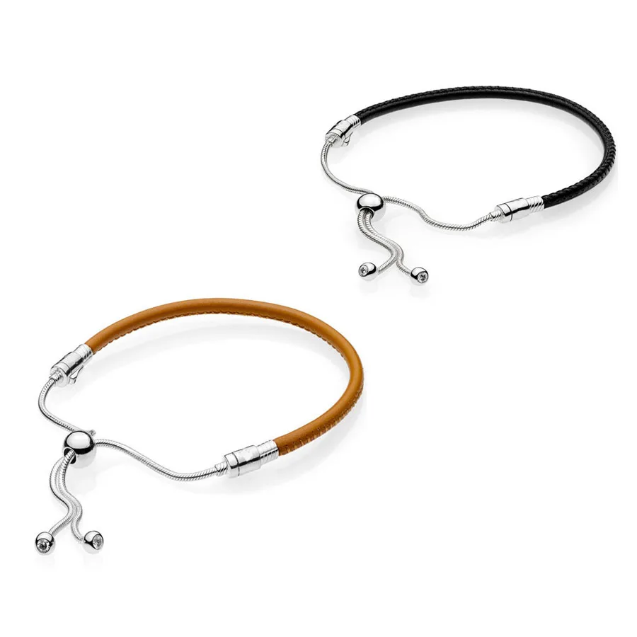 

2018 New 925 sterling silver Adjustable Sliding Black Leather Bracelet panqiou Charm Bracelet DIY Bead Jewelry For women gifts
