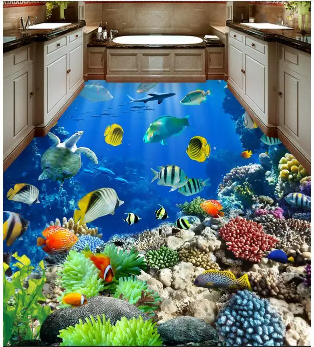 3d flooring waterproof wall paper bathroom custom photo pvc sticker sea