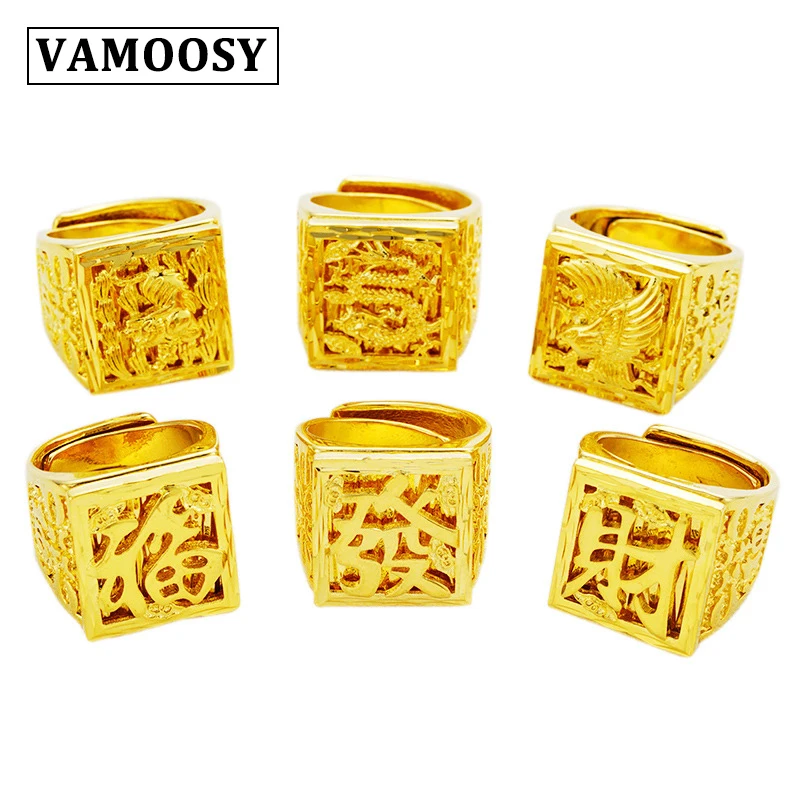 

VAMOOSY 2018 fashion Dubai Vintage Rings for Men 24K gold Color Designer lucky wealthy Peace Pattern women Ring Ethnic Jewelry
