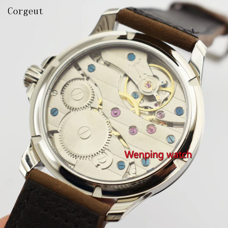 45 мм Corgeut стерильные Montre homme Sea gull 6497 Мужские часы с коричневым кожаным ремешком W2537