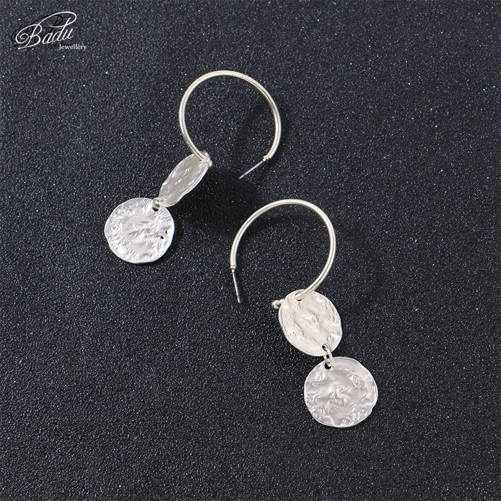 Badu Silver Hoop Earring Women Vintage Hammered Metallic Earrings Punk Style Fashion Jewelry Champagne Color Wholesale