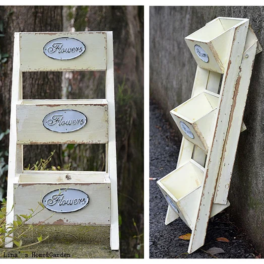 3 tier ladder style foldable shabby off-white wood flower stand designs