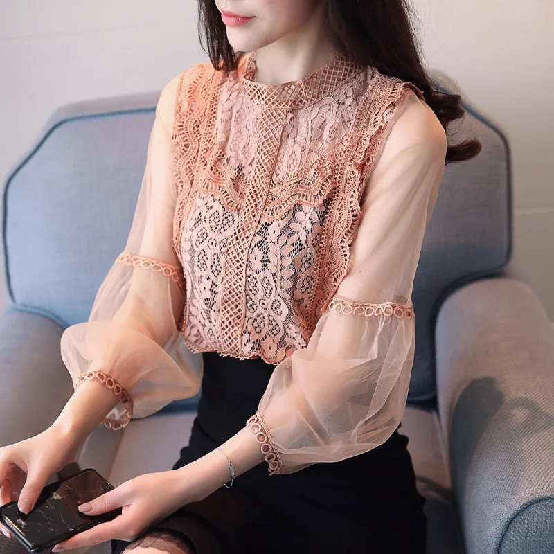 

2018 new spring summer women hollow out blouse lady elegant long sleeved lace shirts Lantern Sleeve Chiffon shirt tops