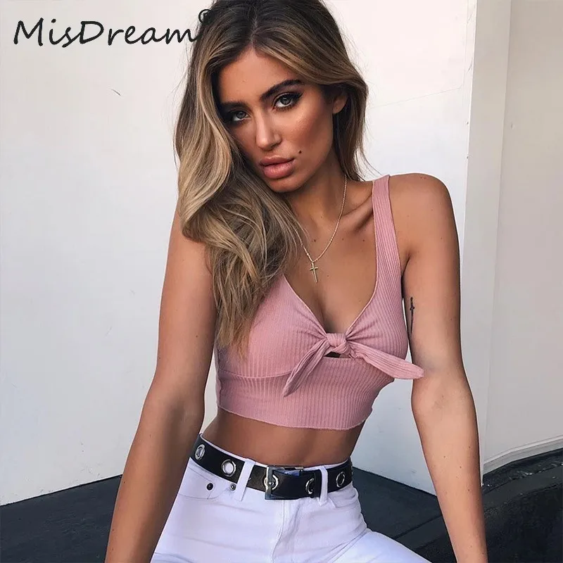 MisDream Ribbed Bow Tie Knitted Tank Tops Women Summer Sexy Bustier Crop Top Streetwear 2018 Cotton Elastic Ladies Tops Camisole Tops