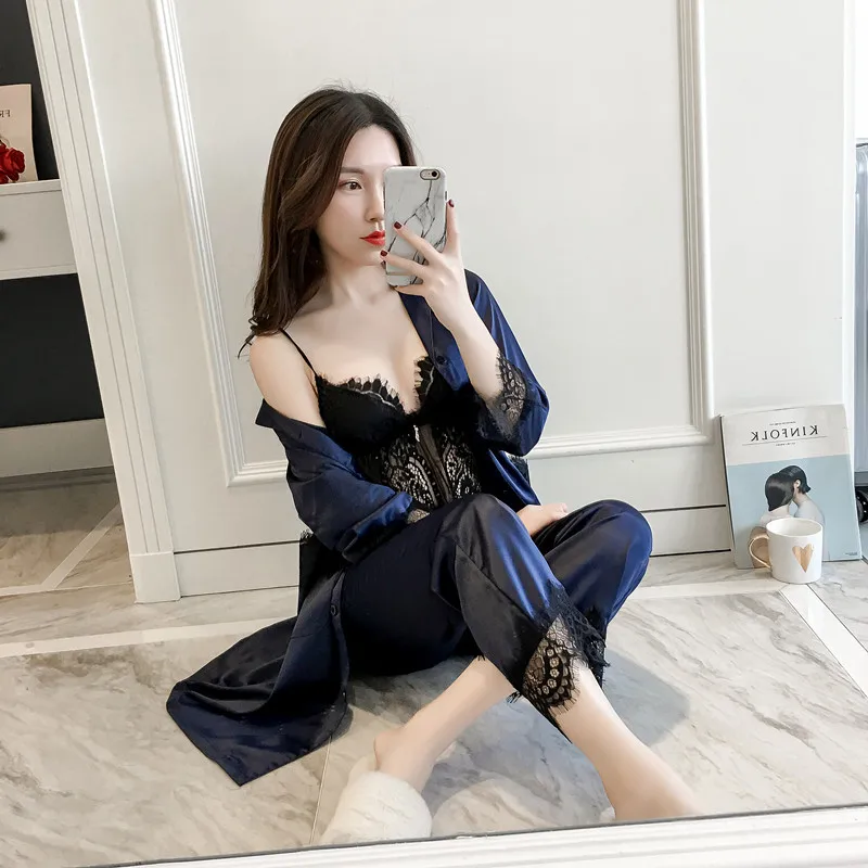 

3pcs satin sleepwear for women sexy nightgowns set