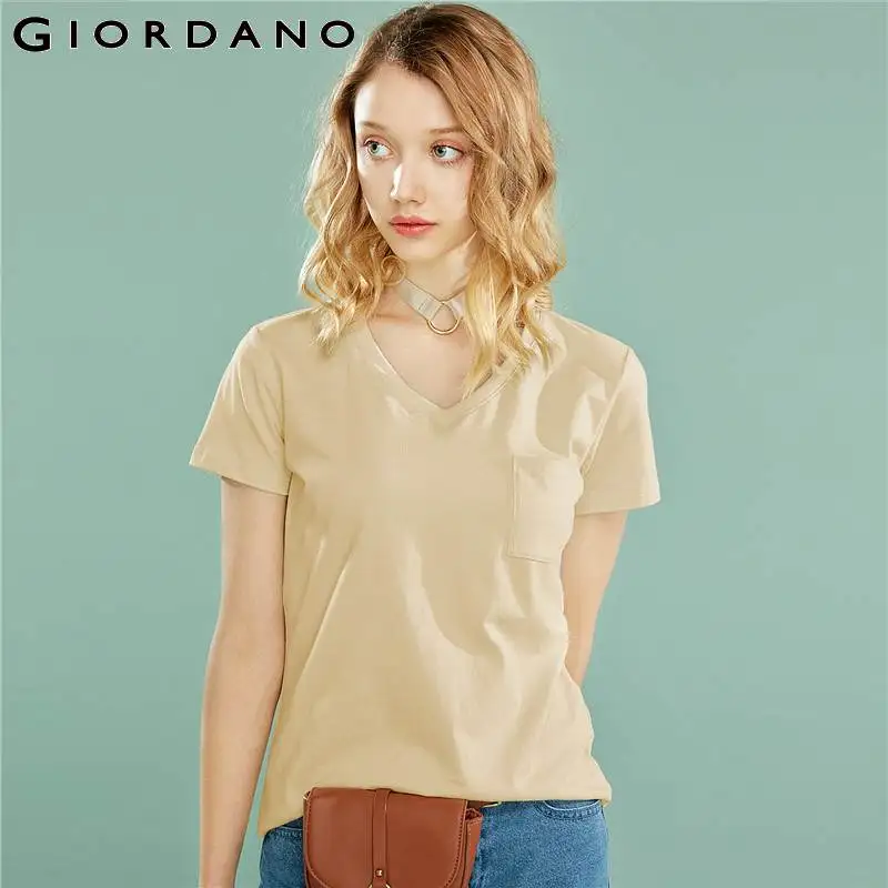 

Giordano Women Tshirt Women Ribbed V-neck 100% Pure Cotton Pocket Tees Femme Short Sleeve Smooth Soft Summer Tees 2019