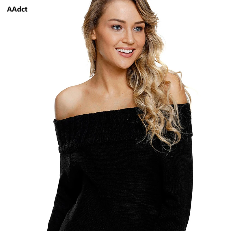 AAdct 2018 New Sweater Women's Fahion Pullover Ribbed Knit Sexy Slash collar Long Sleeve Hem Asymmetrical Design Sweater female Sweaters