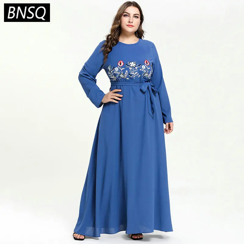 

BNSQ A Line Swing Long Dress Muslim Elegant Floral Embroidery Maxi Dresses Blue O Neck Long Sleeve Arab Clothes Autumn Slim Sash