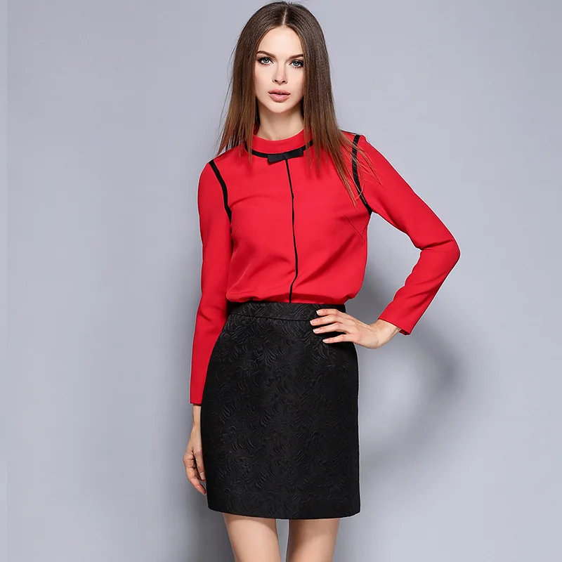black skirt red top