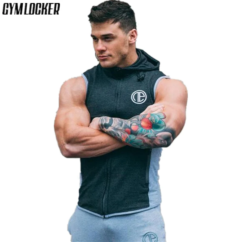 

GYMLOCKER Mens sleeveless hooded sweatshirt fitness fashion Casual jacket Sweatshirts Bodybuilding Brand sportswear clothing