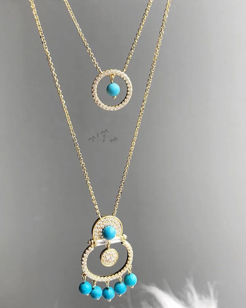 

ZOZIRI Famous Monaco Brand 925 Sterling Silver Cubic Zirconia Green Stones Double layer Necklace With blue Beads Women Jewelry