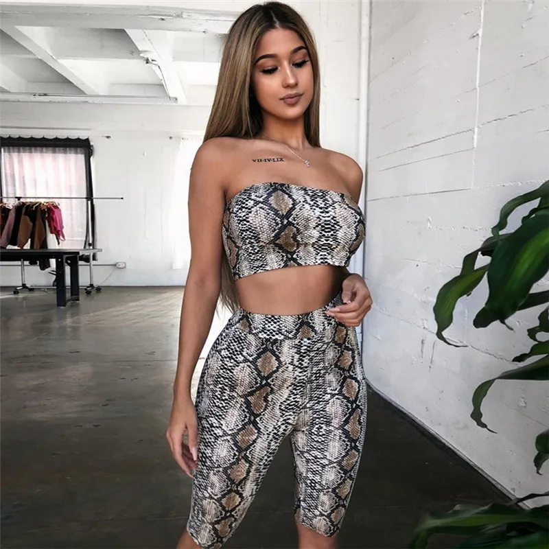 snake print wome two piece sets cycling shorts wrapped bust sexy hot (4)