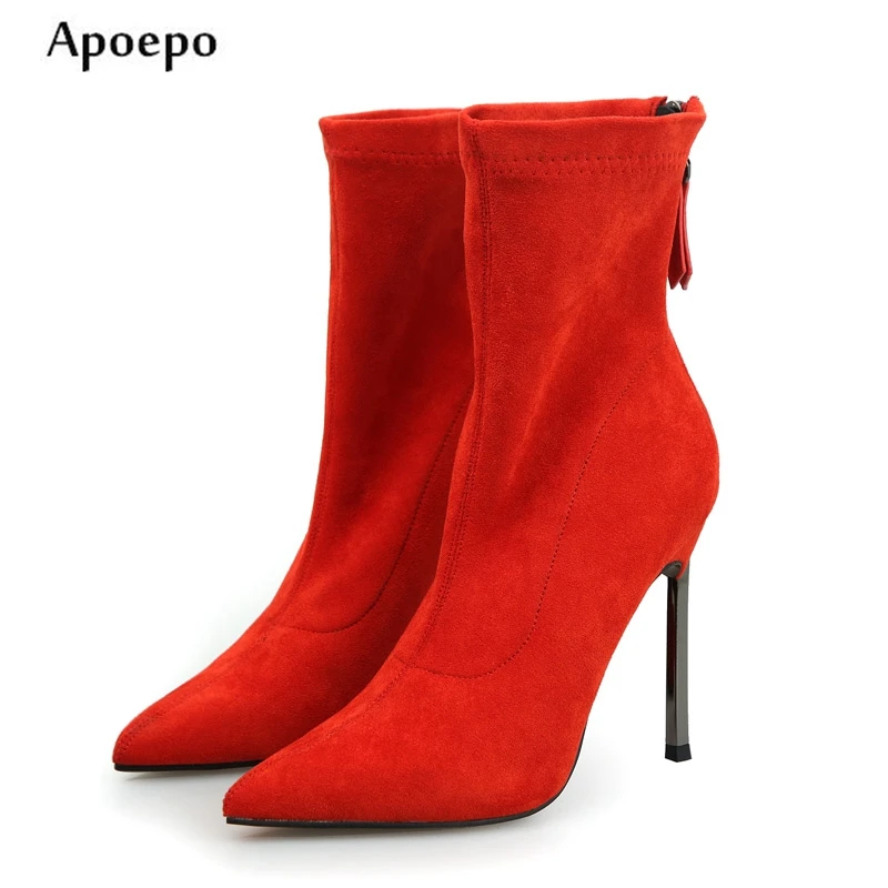 

New Hot Selling Pointed Toe Woman Boots 2018 Red Suede Thin heels Boots Red Suede high Heel ankle boots