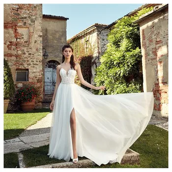 

New Boho Wedding Dress Elegant Appliqued Sexy See Through Neck Tulle A-Line Sexy Backless Beach Bride Dress Sexy Wedding Gown